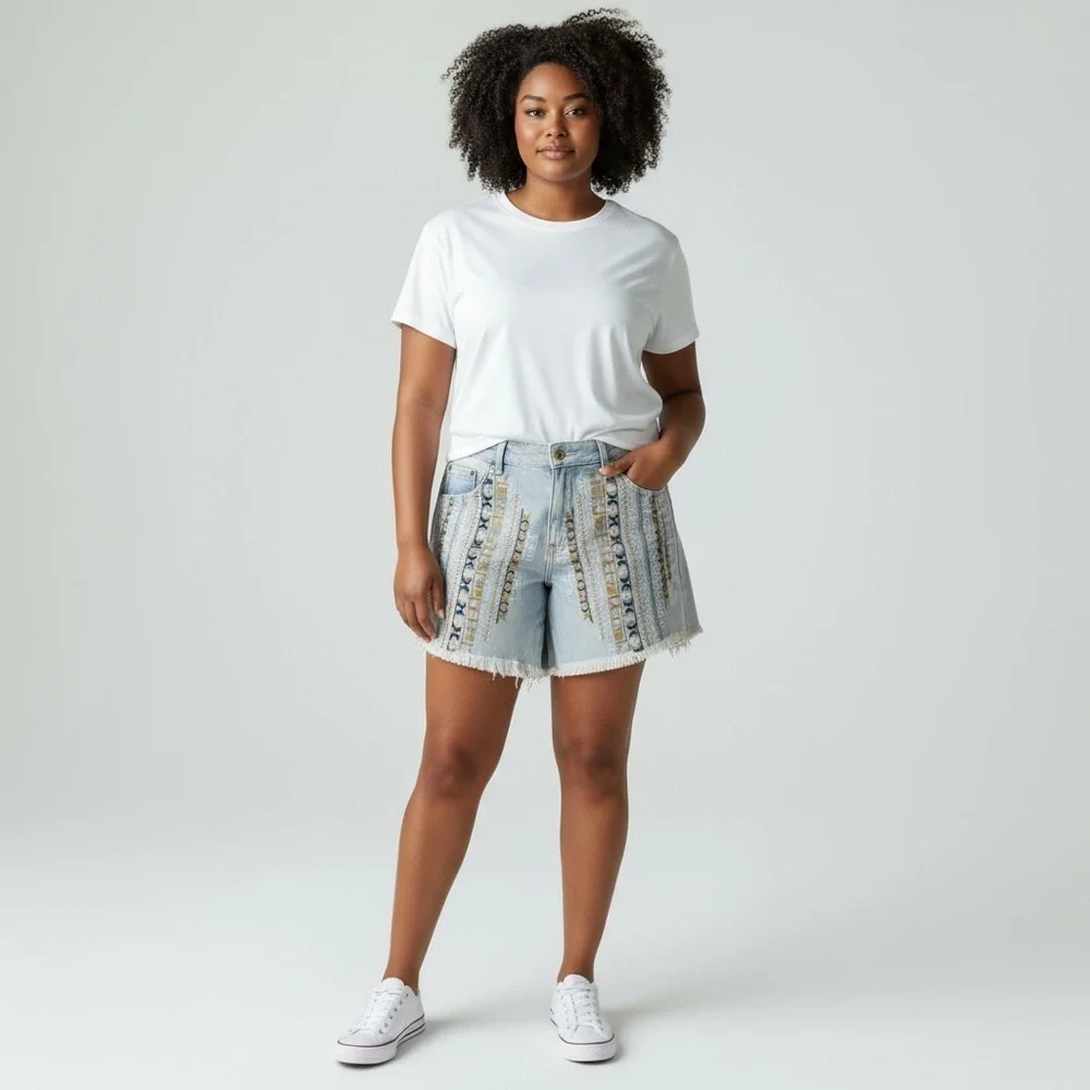 Embroidered Jean Shorts with Fringe Hem